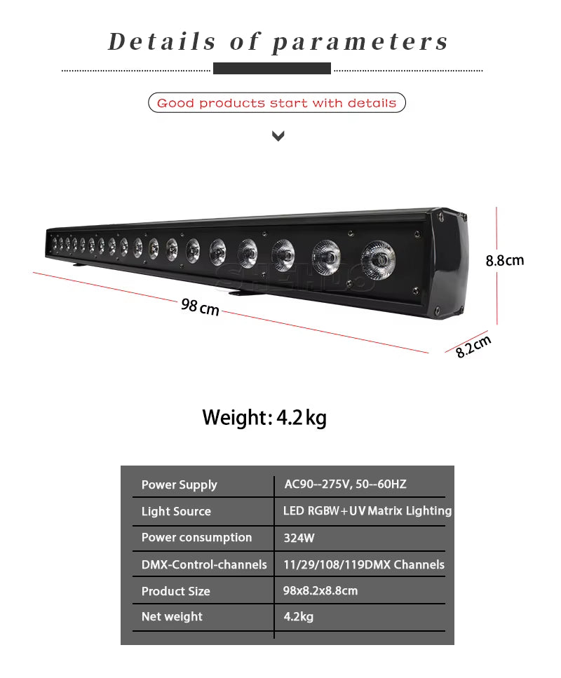 LED Wash Wall 18X18W RGBWA+UV 6In1 Stage Lighting with Flightcase 