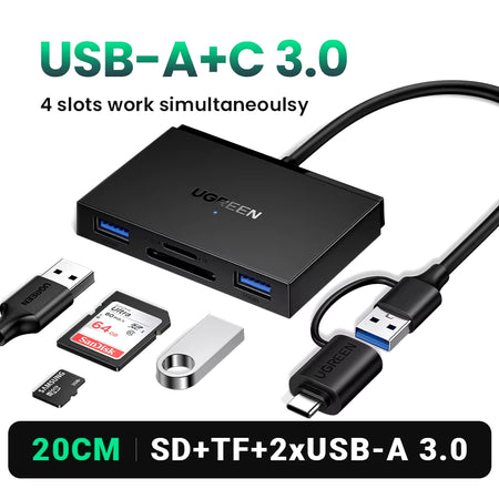 UGREEN Card Reader 4-In-1 USB3.0/USB-C SD Micro SD TF CF MS Compact Flash Card Adapter for Laptop PC Multi OTG Smart Card Reader