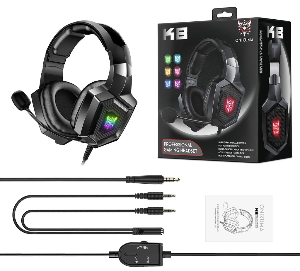 Wired Gaming Headset - K8 with RGB Lights, Flexible HD Microphone, Surround Sound for PC & Xbox