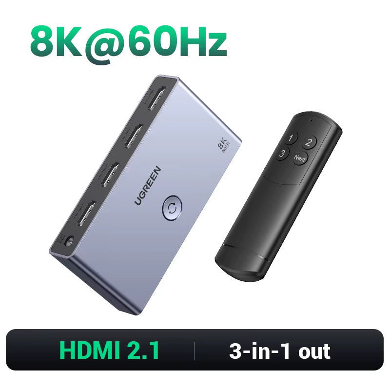 UGREEN HDMI 2.1 Switcher 8K 60Hz 4K120Hz Hdmi-Compatible Switch 3 in 1 Out with Remote Control 